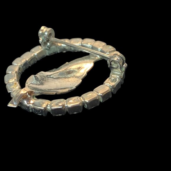 Vintage Aurora Borealis Rhinestone Circle Pin With Silver-Toned Feather Design - Picture 8 of 10